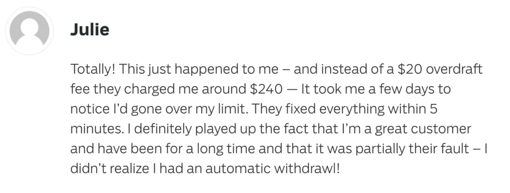 Testimonial about getting bank overdraft fees waived