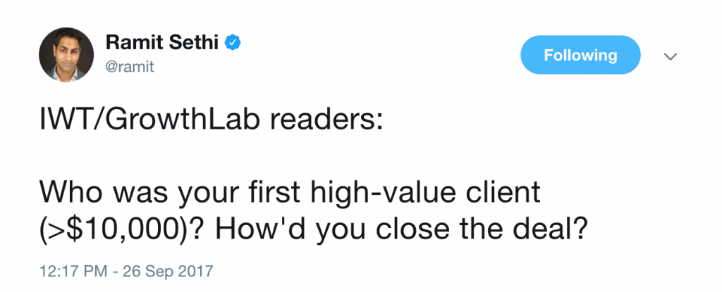 Ramit asking readers how they got their first {quality value} client