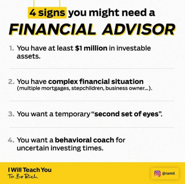 1. You have at least $ 1 million in investable assets. 2. You have complex financial situations (multiple mortgages, stepchildren, business owners ...) 3. You want a temporary one "second sentence" 4. You want a behavioral coach for uncertain investment times.