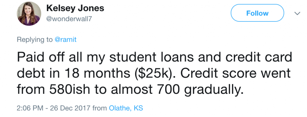 Twitter screenshot showing Ramit's credit score advice worked