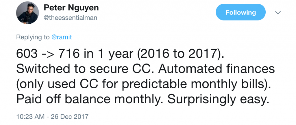 Twitter screenshot showing Ramit's credit score advice worked