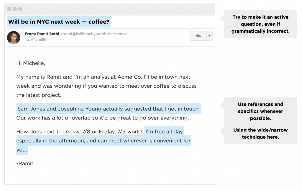 The exact script Ramit uses to setup up meetings over email
