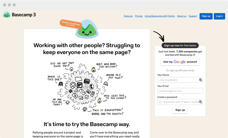 Screenshot of Basecamp homepage