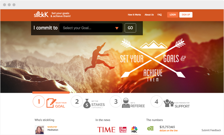 Screenshot of the stickk homepage